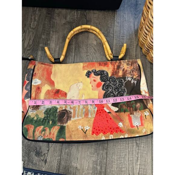 Chico's Women's Bamboo Handles White Cat Beaded Tote Handbag - Picture 2 of 9